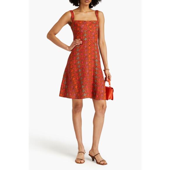 SALONI Rachel Printed Sleeveless Linen Mini Dress Rainbow Trellis Orange Pink 2 - Picture 1 of 9